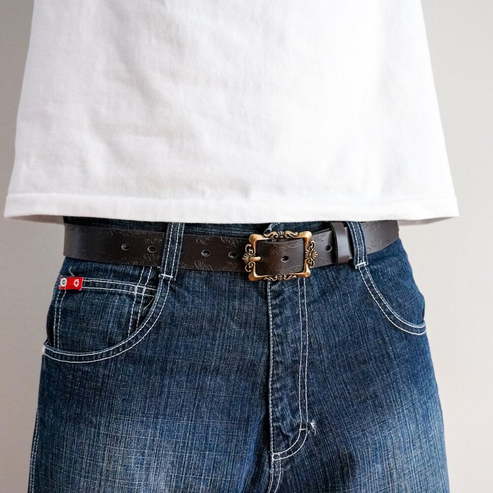 y2k floral buckle brown belt — 2000s western style